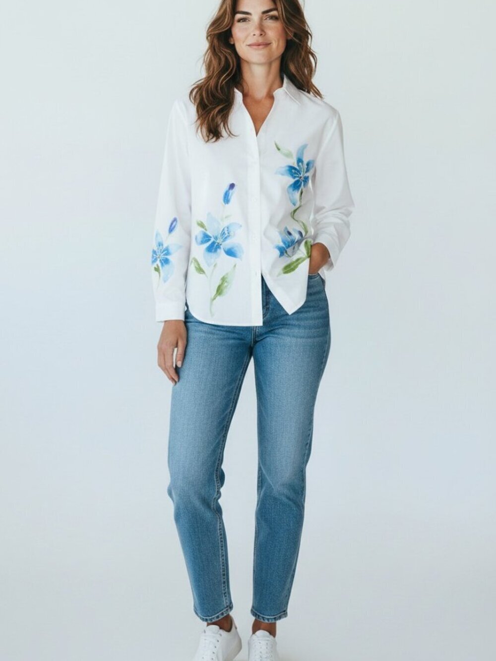 Womens L White Floral Beaded Blouse Button Up Tropical Flower Classic Cotton